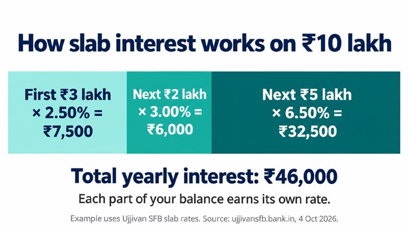 Diagram showing ₹10 lakh split into three slabs earning 2.50%, 3.00% and 6.50%, adding up to ₹46,000 a year.