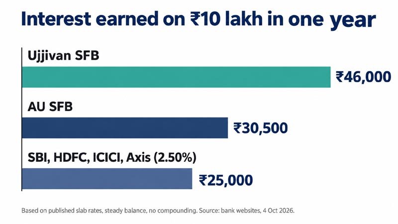 Bar chart of yearly interest on ₹10 lakh: Ujjivan SFB ₹46,000, AU SFB ₹30,500, other banks ₹25,000.