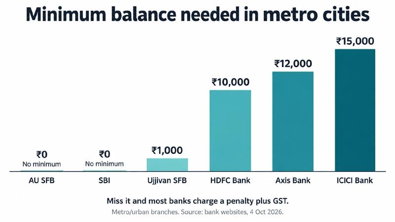 Bar chart of metro minimum balance: AU SFB and SBI ₹0, Ujjivan SFB ₹1,000, HDFC ₹10,000, Axis ₹12,000, ICICI ₹15,000